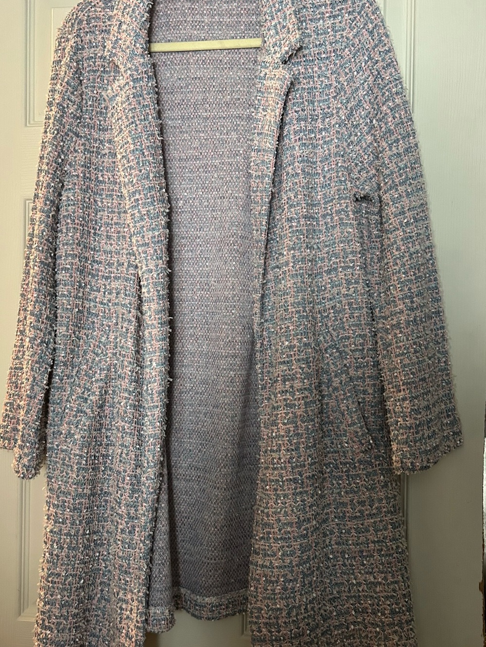 MELLODAY Tweed Bouclé Trench Coat in Blush Pink & Light Gray